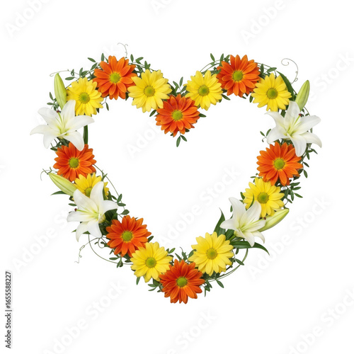 Colorful heartshaped floral wreath with daisies, lilies isolated on transparent background