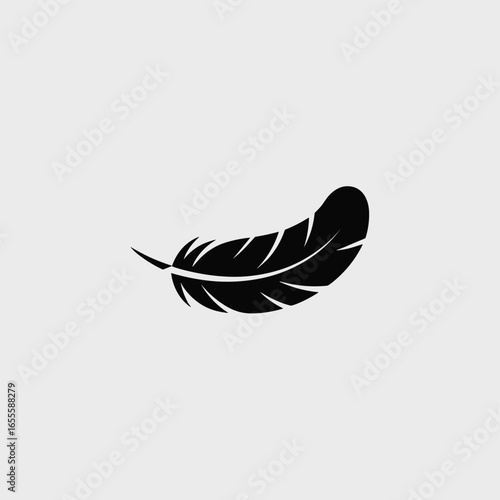 Black silhouette of a single feather on a light gray background quill bird feather