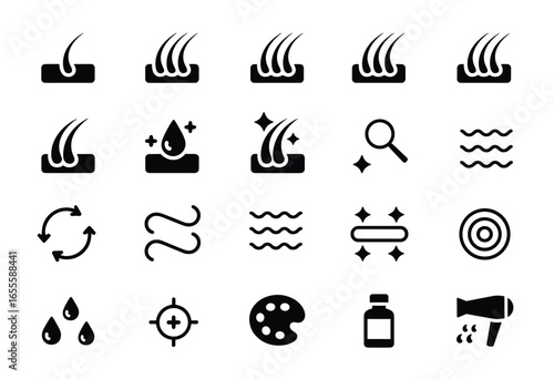Collection of 20 black and white icons related to hair care and beauty vector