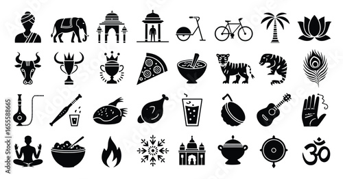 Collection of 30 Indian cultural and symbolic black and white icons culture travel