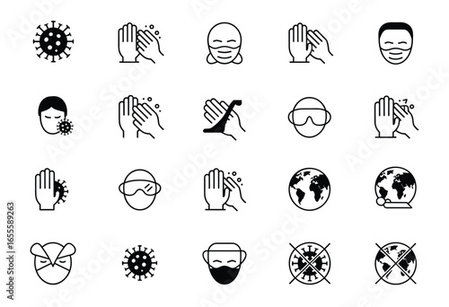 Collection of black and white icons depicting hygiene and virus protection coronavirus covid 19