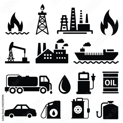 Collection of black and white industrial and energy icons on a white background industry factory
