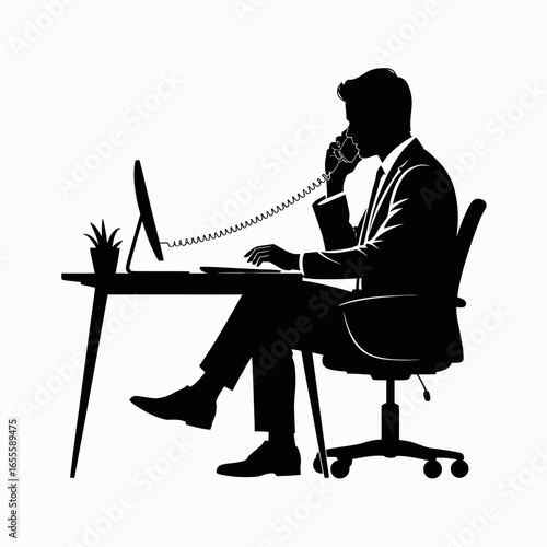 A black and white silhouette vector of a businessman sitting at a desk making a phone call