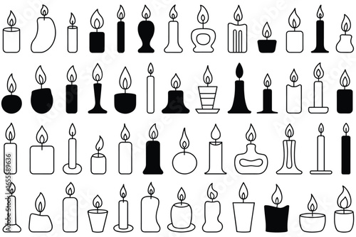 Collection of black and white line art illustrations of various candles with flames fire light