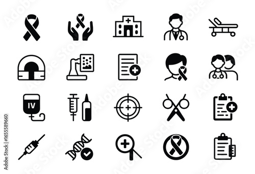 Collection of black and white medical icons including ribbons, hospital, doctor, I V drip, syringe, D N A, and scissors