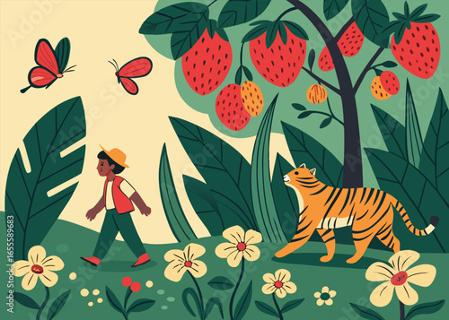 Garden of Abundance Vector Illustration with Magical Flowers, Exotic Fruits, Butterflies, Birds, Majestic Tiger, and Human Characters Surrounded by Overwhelming Natural Beauty in Green, Red, and Golde
