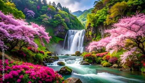 Vibrant waterfall cascading through a lush garden