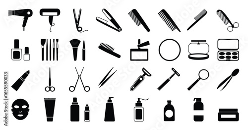 Collection of black beauty and grooming tool icons on a white background vector