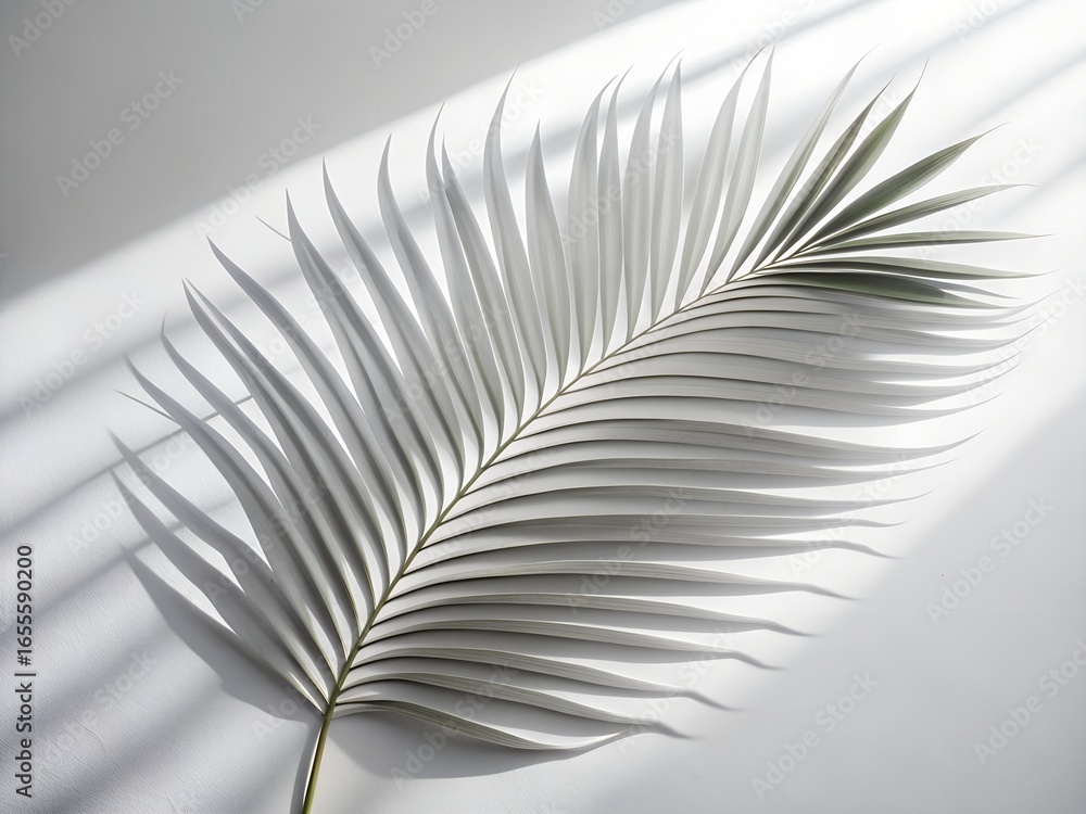 Fototapeta premium A single, elegant palm leaf isolated on white background, showcasing its delicate structure and natural beauty with soft shadows and highlights, perfect for minimalist and sophisticated designs