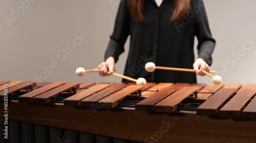 Musician hands percussionist playing marimba xylophone concert front view
