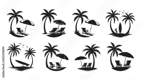 Tropical beach scene with palm tree and relaxing beach chair. set of palm trees vector
