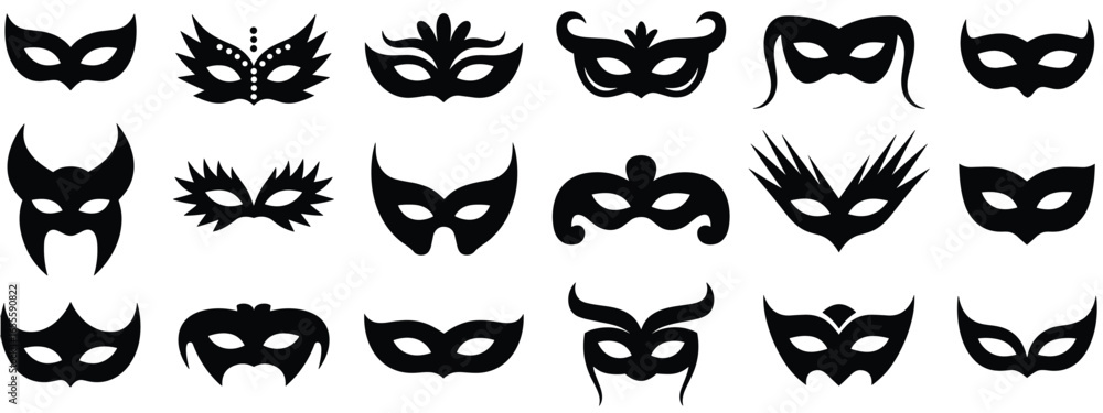 Collection of twenty black Venetian masquerade masks on a white background carnival party Collection of twenty black Venetian masquerade masks on a white background carnival party