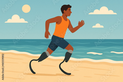 Flat animated para-athlete running on beach with prosthetic legs vector illustration