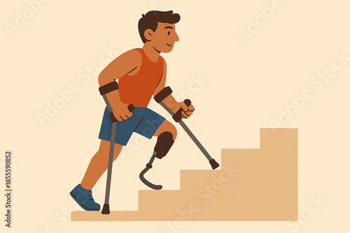 Flat cartoon athlete using adaptive crutches climbing stairs vector illustration