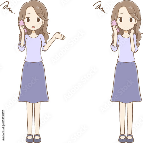 Long-haired woman talking on mobile phone with troubled face (full body)