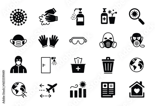 Set of 20 black and white icons related to health and safety measures virus coronavirus