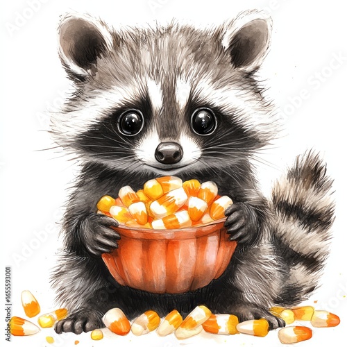 Raccoon watercolor cartoon playing with candy corn for halloween concept on white background