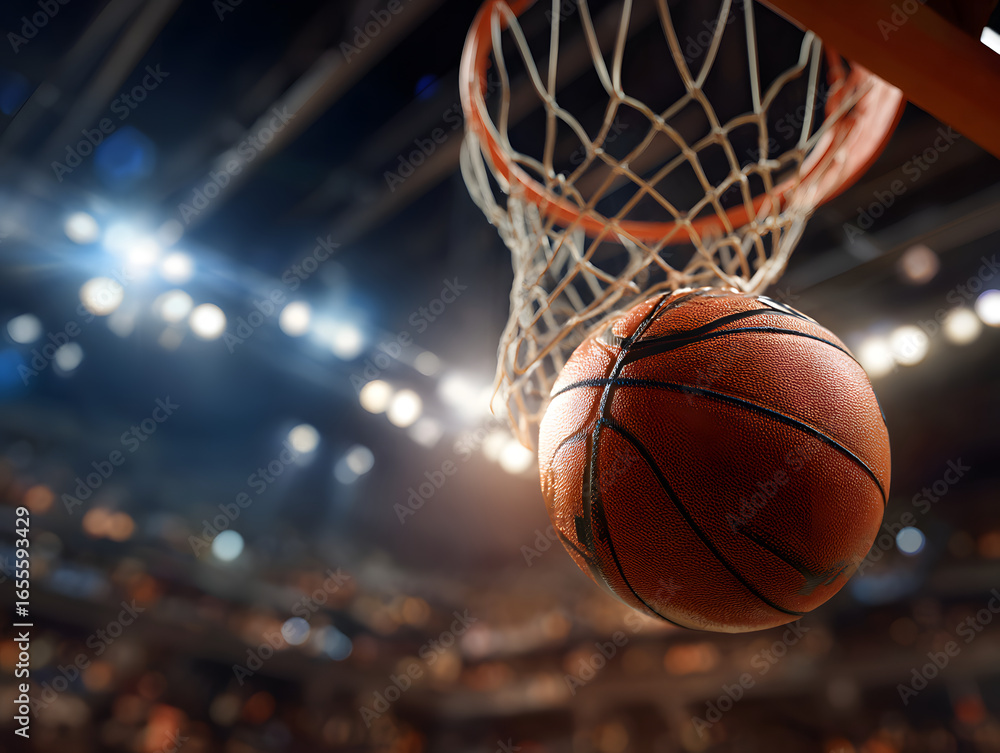 Fototapeta premium Basketball soars through the hoop in a thrilling moment of the game