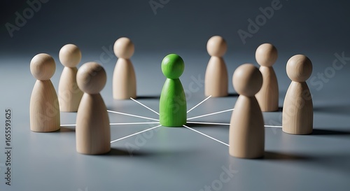 Green figure at center of circle of wooden figures connected by lines