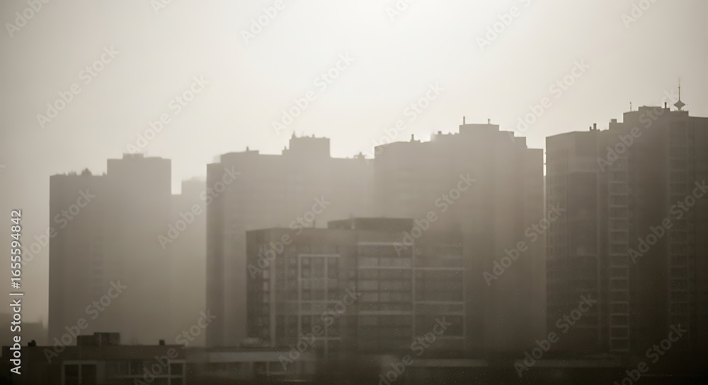 Misty Cityscape Silhouette in Dense Fog Misty Cityscape Silhouette in Dense Fog