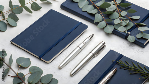 Wallpaper Mural Flatlay Navy Blue Notebooks Silver Pens Eucalyptus Branches White Background Stationery Mockup journal Torontodigital.ca