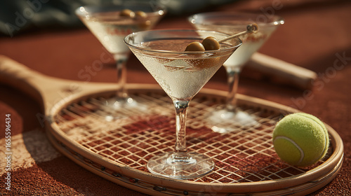 Classic martini with olives on vintage tennis racket, luxury cocktail photography on red clay court