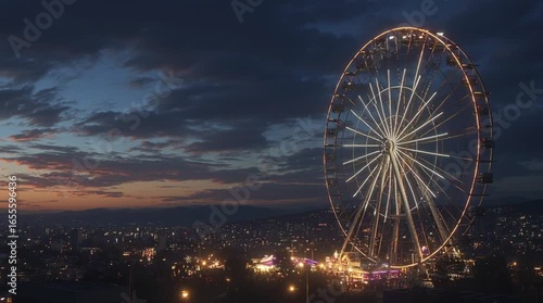 
A photorealistic timelapse of starry night sky above a giant city ferris wheel, lights glowing as the sky shifts from deep blue to golden dawn