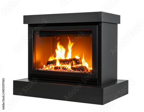  Minimalist Modern Fireplace with Stylized Flames, Side View, Isolated