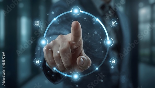 Procurement digital interface with handshake icon on businessman hand, symbolizing contract agreement, and smart business solutions in modern supply chain systems.