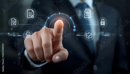 Procurement digital interface with handshake icon on businessman hand, symbolizing contract agreement, and smart business solutions in modern supply chain systems.