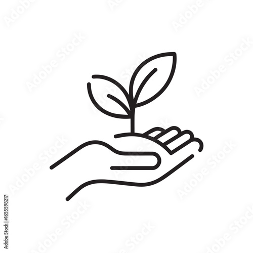 Hand holding sprouting plant icon in black outline style for sustainability  
