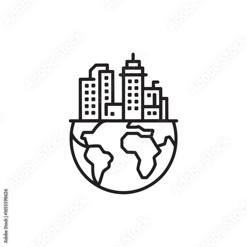 City skyline on Earth icon in black outline style for global urbanization  
