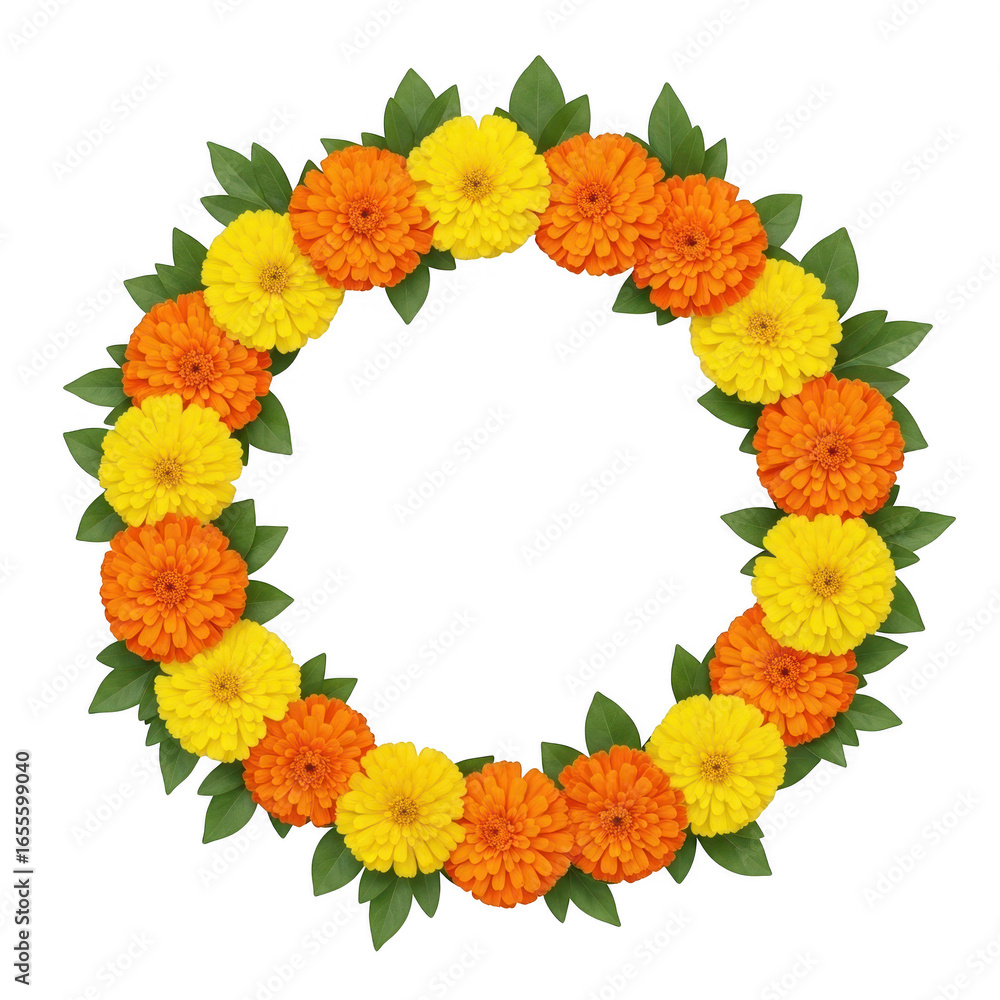 Obraz premium Yellow and orange marigold flower wreath isolated on transparent background