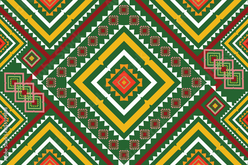 Traditional pattern with colorful geometric diamond motifs in green, yellow, red, and orange tones.