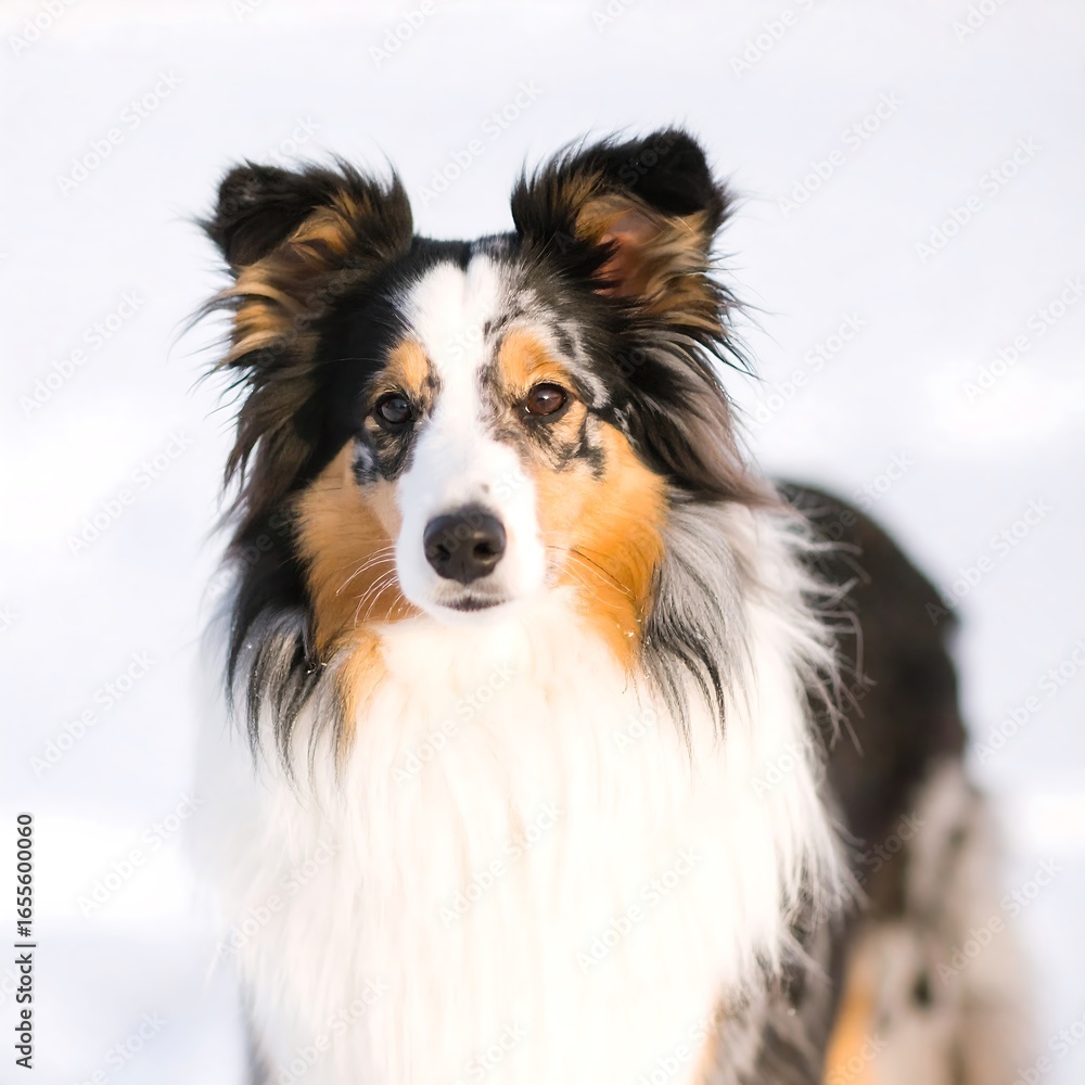 Fototapeta premium Fluffy dog in snowy landscape