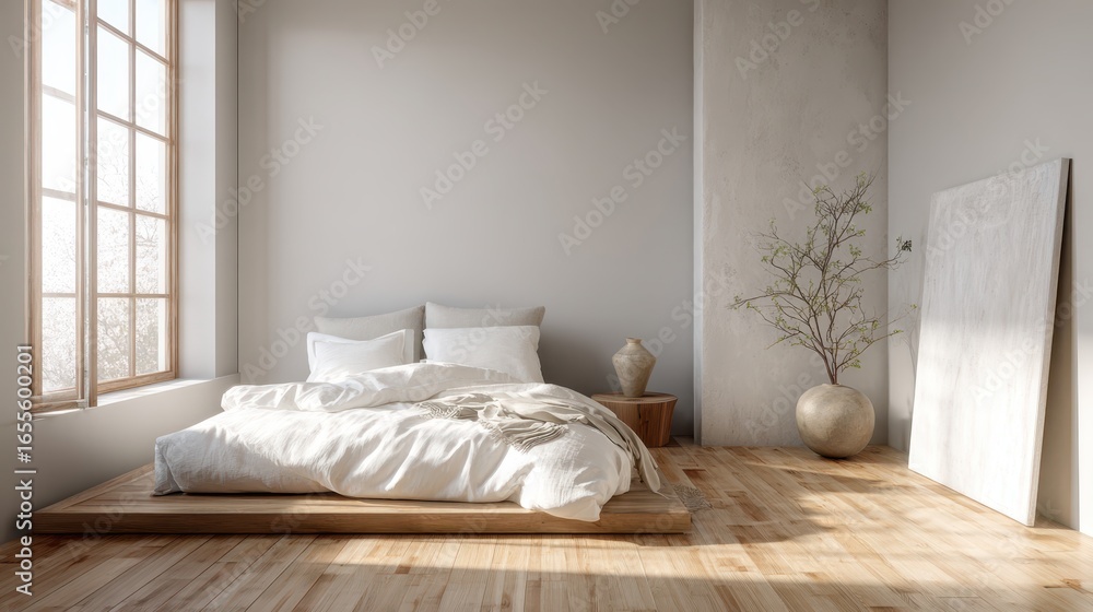 Fototapeta premium Minimalist bedroom interior with wooden floor and white bedding