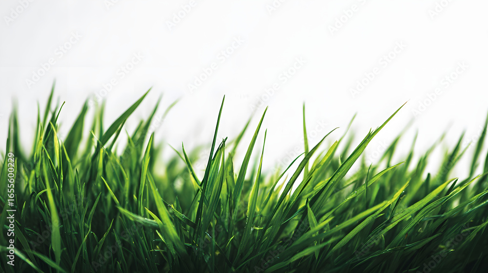 Obraz premium A detailed, low-angle view of lush green grass blades, sharply focused in the foreground with a clean white backdrop.