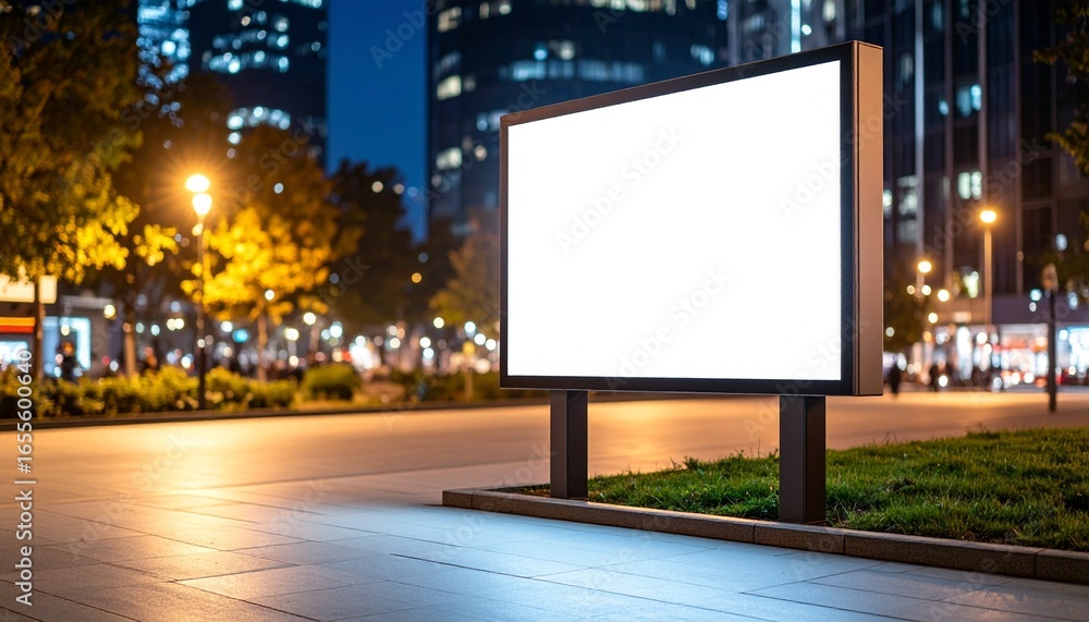 Fototapeta premium Blank Advertisement Billboard Mockup on City Sidewalk at Night