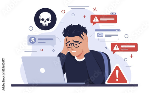 Stressed Man Facing Online Security Threats.