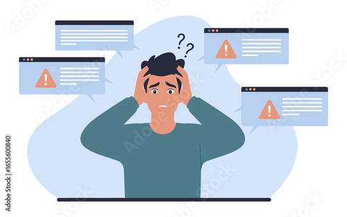 Frustrated man with hands on head surrounded by error message windows.