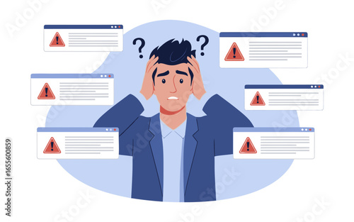 Overwhelmed man surrounded by error windows clutching his head in frustration and confusion.