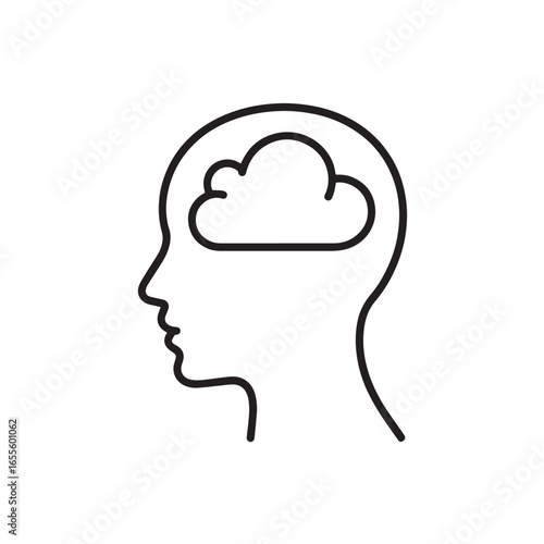 Human head icon with cloud in brain area in black outline style  
