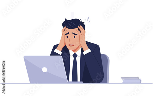 Stressed Businessman Gripping Head in Frustration at Laptop Office Setting.