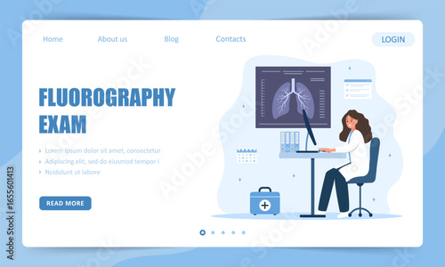 Fluorography exam. Landing page template. Female doctor check X Ray scanning. Vector illustration in flat cartoon style.