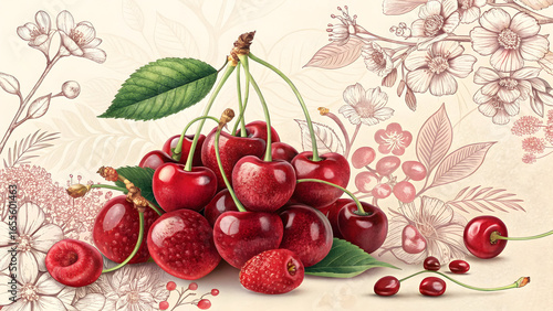 Vibrant Red Cherries Clustered with Lush Green Leaves Against a Delicate Floral Background Featuring Pink and Beige Tones Botanical Illustration of Sweet Summer Fruit