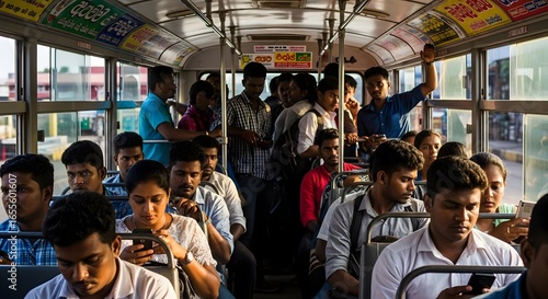 Crowded interior of a Sri Lankan public bus, Commuters, Passengers, Travel, Urban Life, Asia