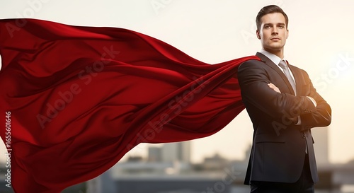 Businessman with a red cape like a superhero, symbolizing power and success