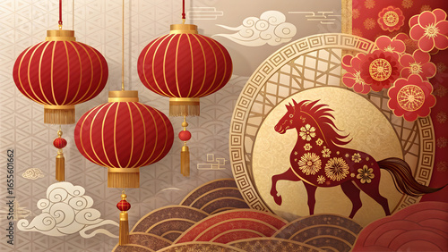 Chinese New Year 2026 Celebration Red Lanterns Gold Horse Floral Design Festive Background image