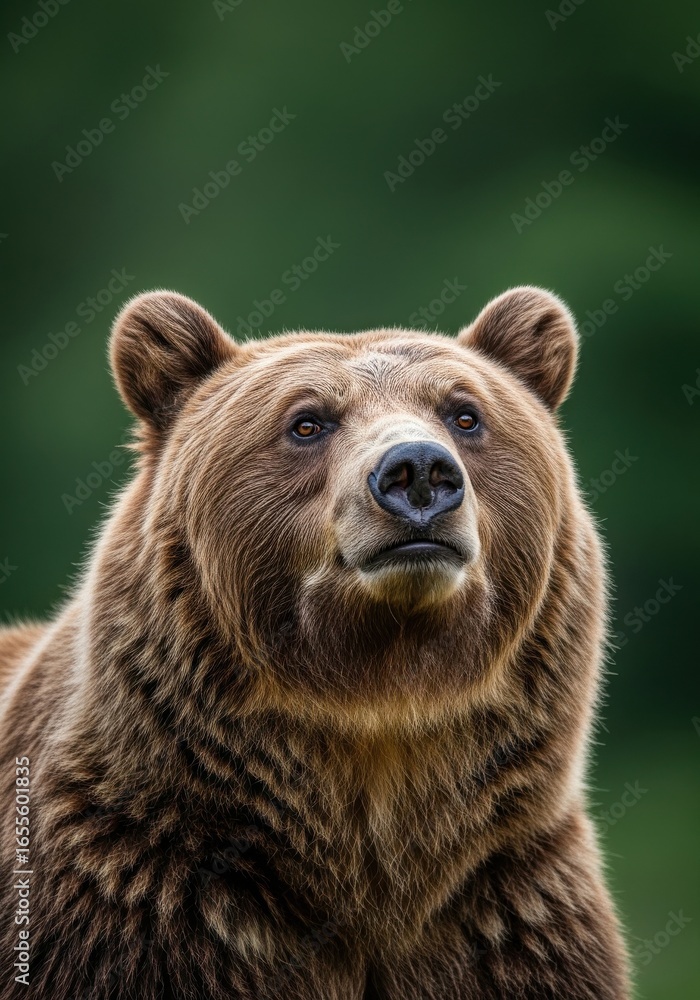 Fototapeta premium Brown Bear Standing in Natural Forest Environment with Green Blurred Background