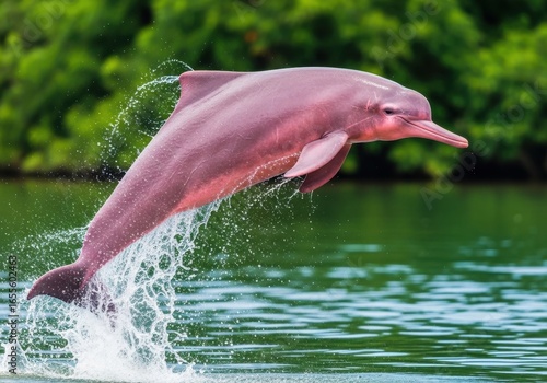 Pink Dolphin Jumping Out of Water in Natural River Scene